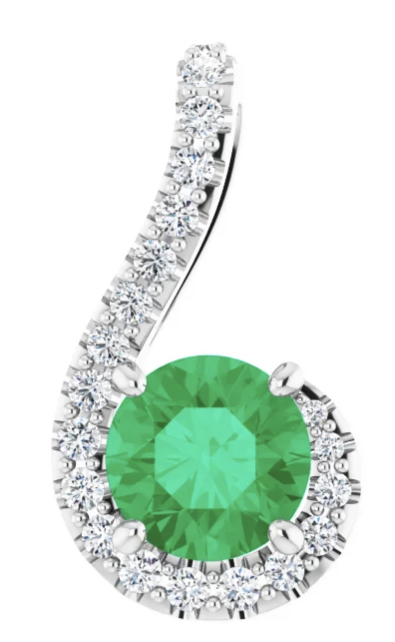 Genuine 6mm emerald and natural diamond pendent with chain. 14kt wg
